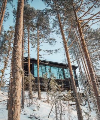 A cabin in the middle of the woods surrounded by snow