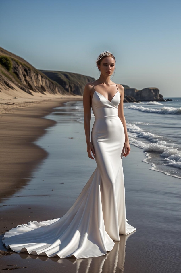 Marisska Couture sating dress on model for shoot on beach