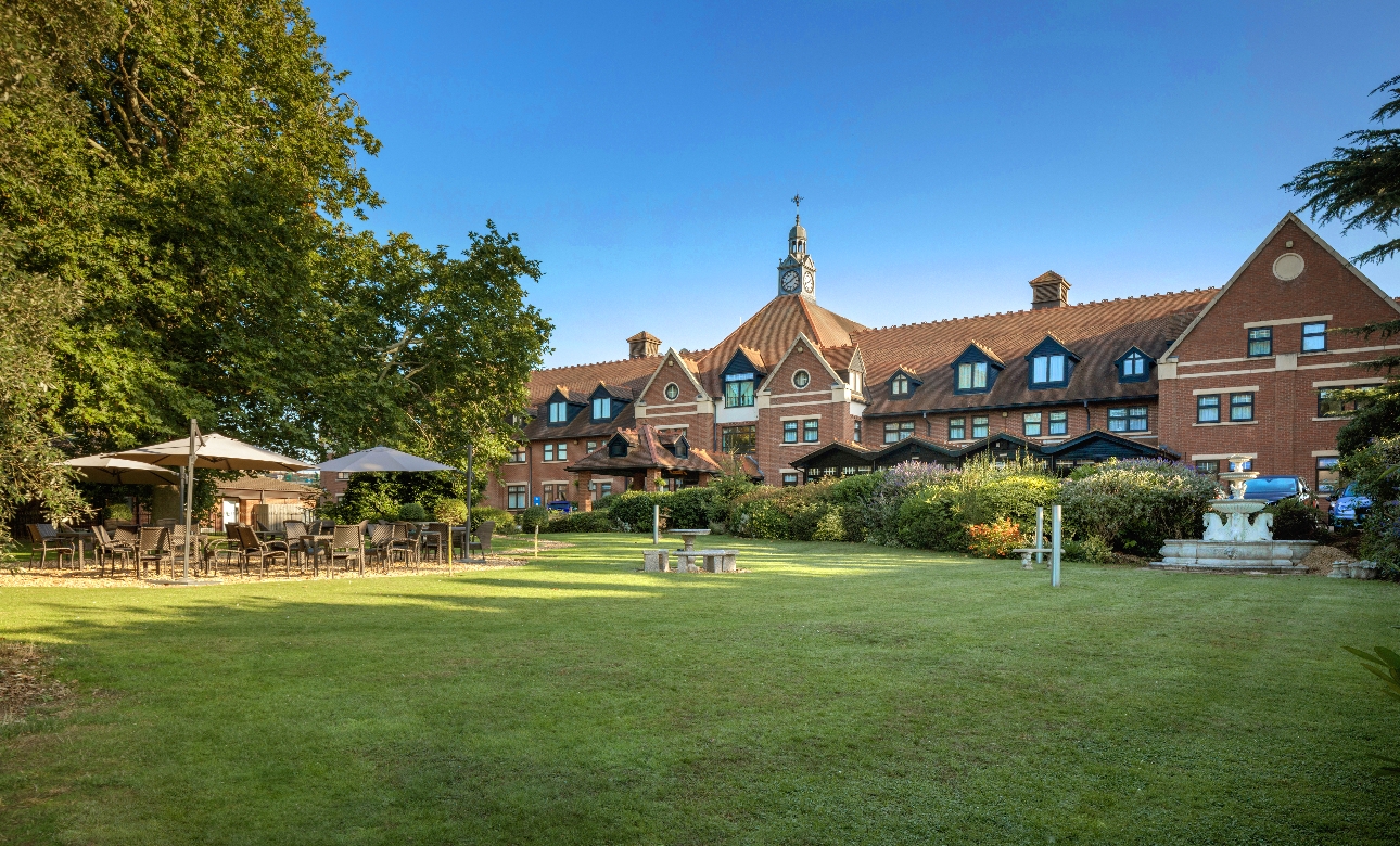 hotel facade with grounds